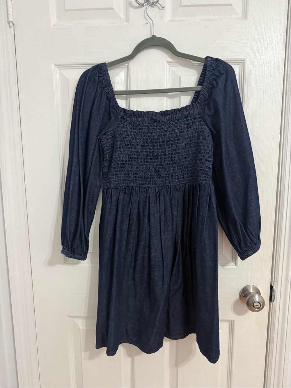 J. Crew Navy Smocked Square-Neck Mini Dress